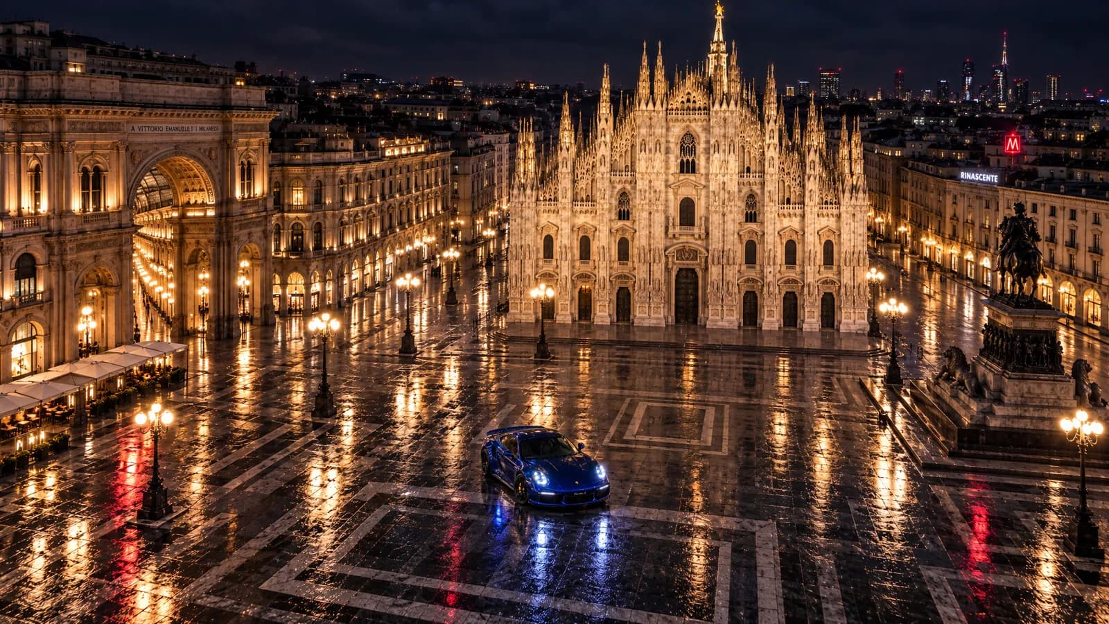 Piazza del Duomo a Milano di notte con una Porsche